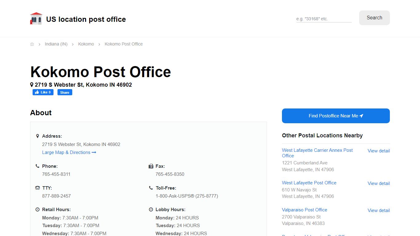 Kokomo Post Office, IN 46902 - Hours Phone Service and Location
