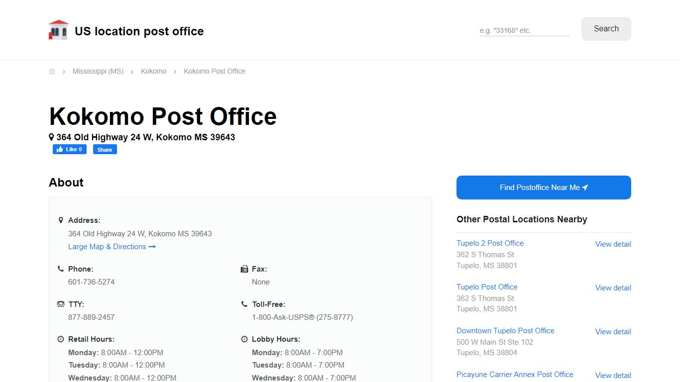 Kokomo Post Office, MS 39643 - Hours Phone Service and Location