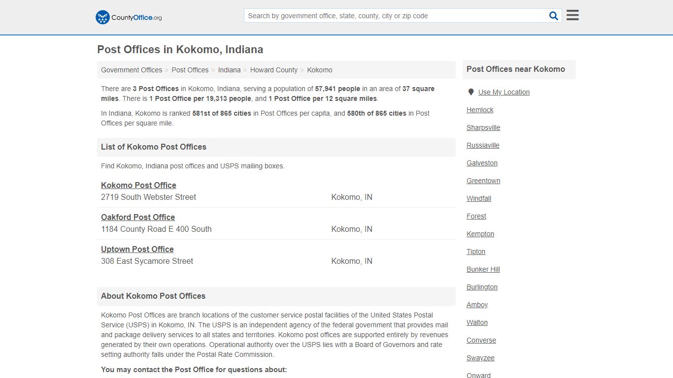Post Offices - Kokomo, IN (Mail Services & PO Boxes)